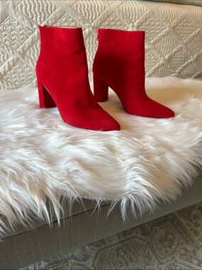 Chelsea & Violet Red Suede Pointed Ankle Booties